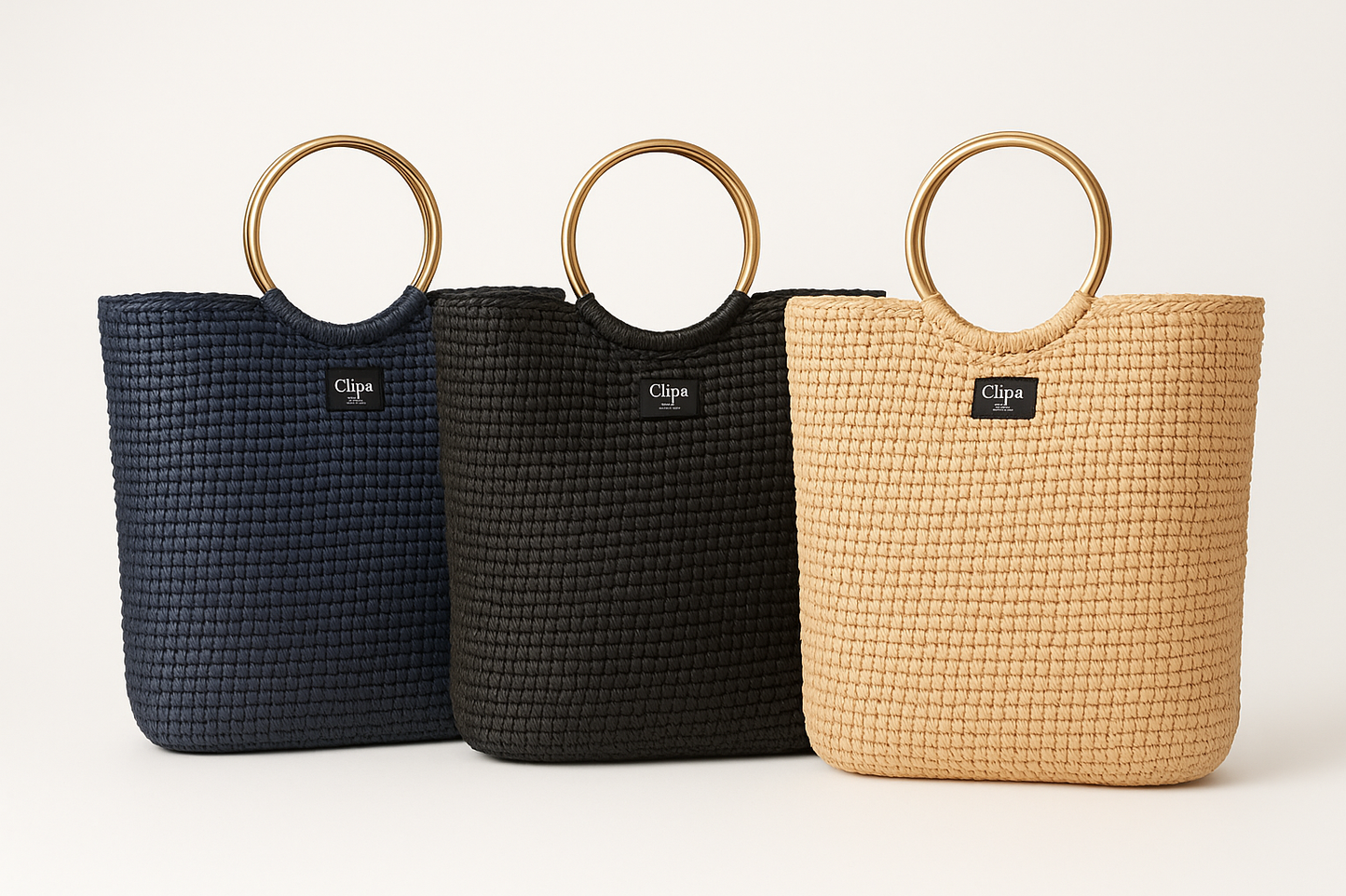 Clipa XXL Raffia Beach Tote Bags in blue, black, and beige color variants