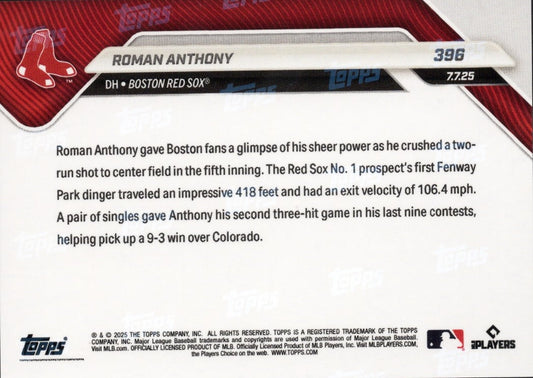 2025 Topps Now Roman Anthony #396 Black Foil /10 Boston Red Sox Rookie RC Baseball Card