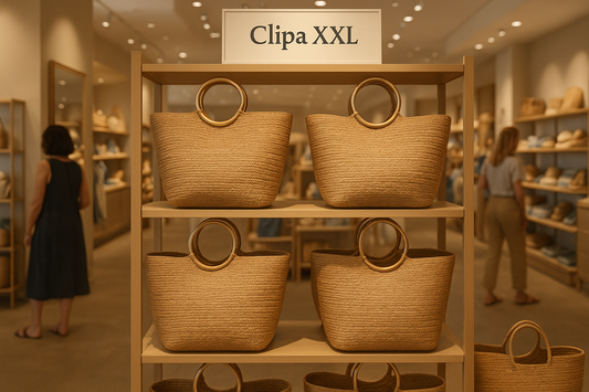 Store display simulation of Clipa XXL Raffia Beach Tote Bags in retail setting